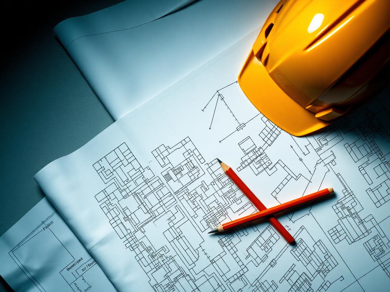Blueprints, pencil and hard hat